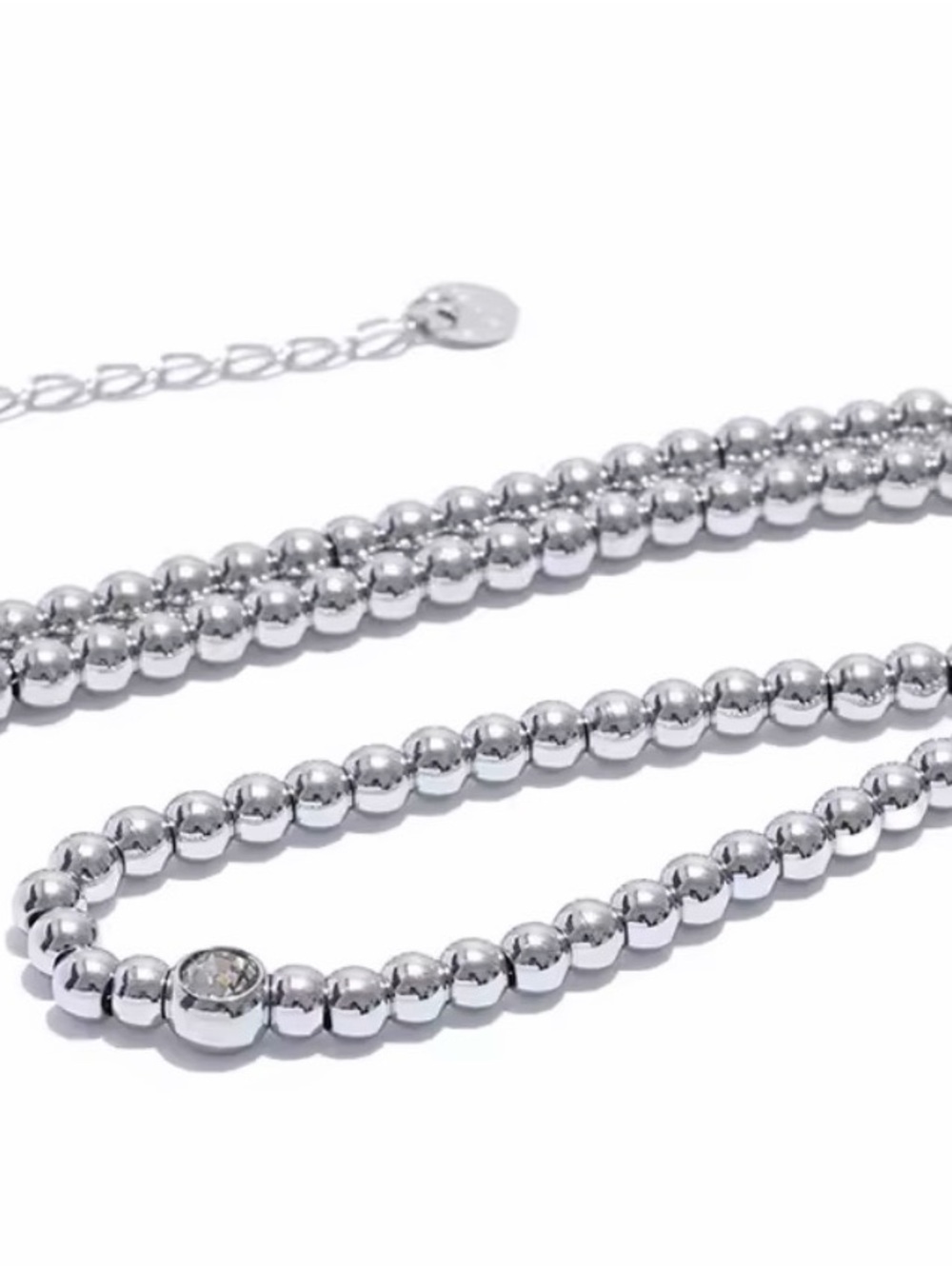 Silver tone Beaded Necklace with Clear Crystal Accent - Picture 3 of 8